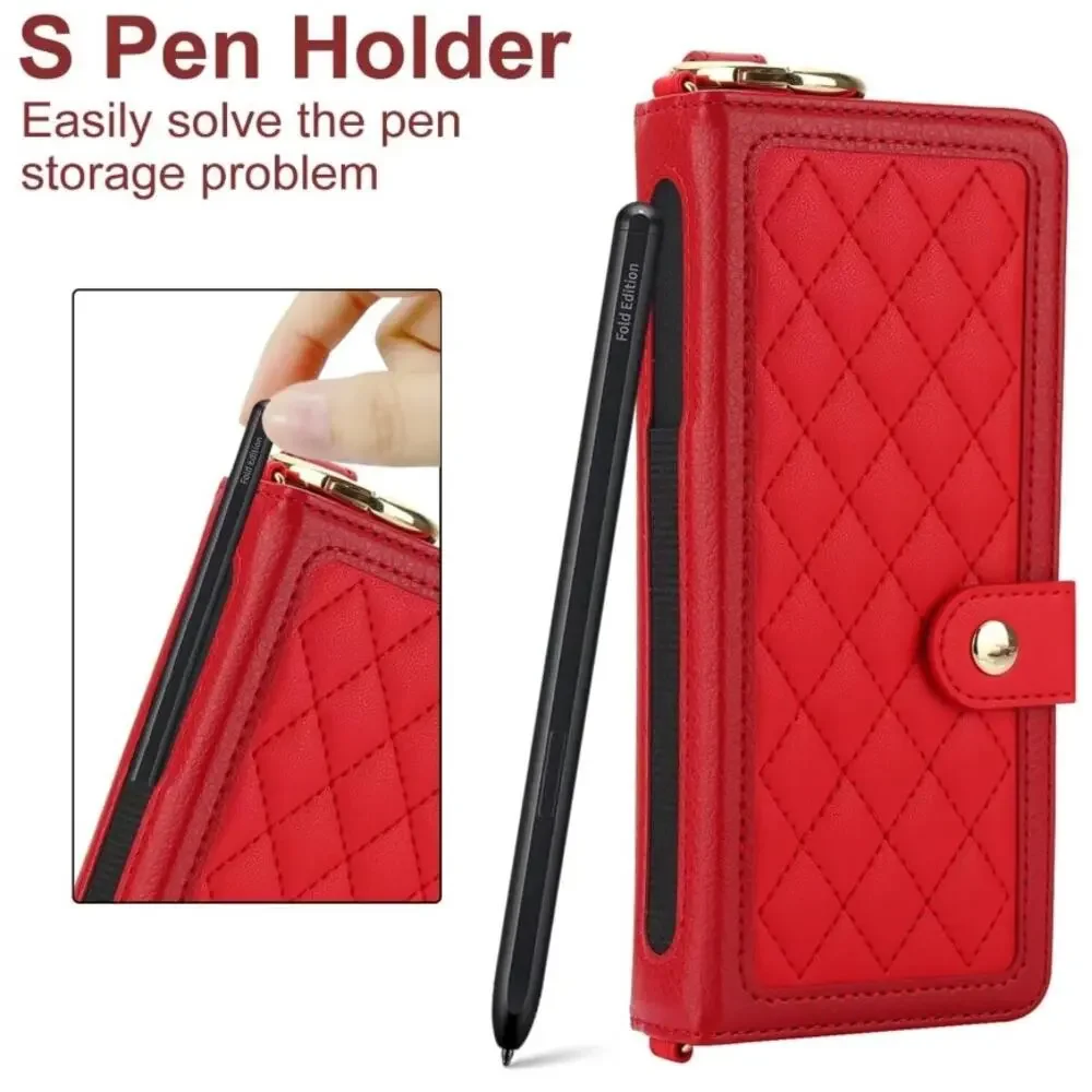 Asuwish Galaxy Z Fold 7 Crossbody Wallet Case RFID S Pen Holder Card Slots Red
